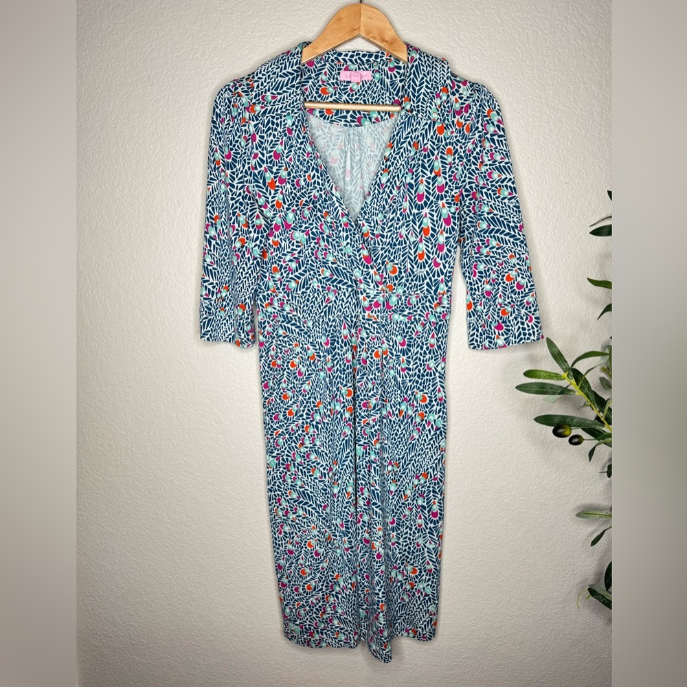 Lilly Pulitzer Silk Printed Wrap Dress Size 8 Blue White Floral V-Neck Midi‎
